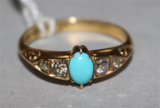 A late Victorian 18ct gold, turquoise and diamond ring, size N.